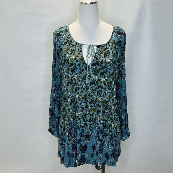 Free People Dress Womens Medium Lucky Loosey Mini Tunic Blue Paisley Floral Boho - Picture 1 of 11